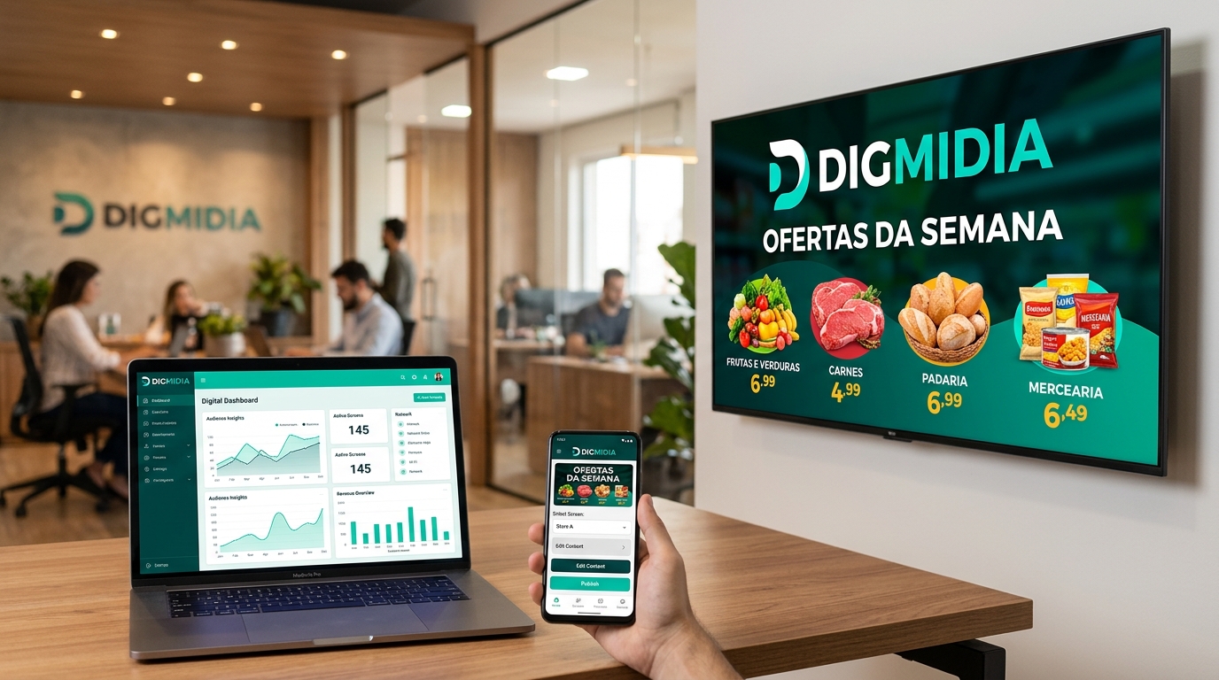 Demonstração da plataforma DIGMIDIA exibida em TV indoor, notebook e smartphone
